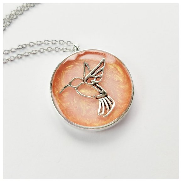 Hummingbird Pendant Necklace Metallic Peach Silver Round Bezel Handmade Necklace - Picture 4 of 9